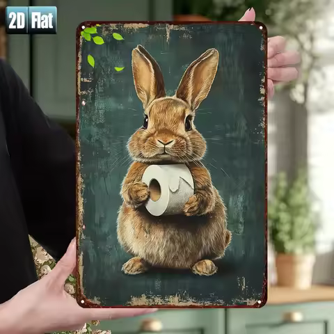 1pc,A Bunny Holding a Roll of Toilet Paper,metal Sign,size Decoratve Paintings/Room/Restaurant/Bar/D