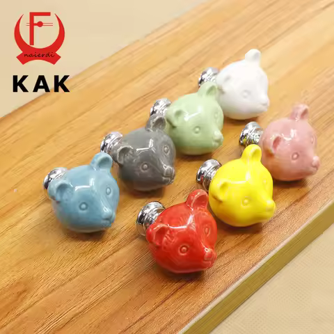 KAK Ceramic Bear Drawer Knobs 3D Cartoon Cabinet Cupboard handles Novelty Creative 7 color Fashion F