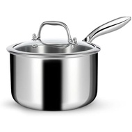 EWFEN 3 Ply Stainless Steel Saucepan with Lid, 2 Quart Multipurpose Cooking Pot, Stay-Cool Handle, I
