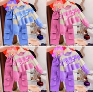 Setelan baju anak perempuan motif cargo berbie strip Baju cewek anak lengan panjang baju kaos anak p
