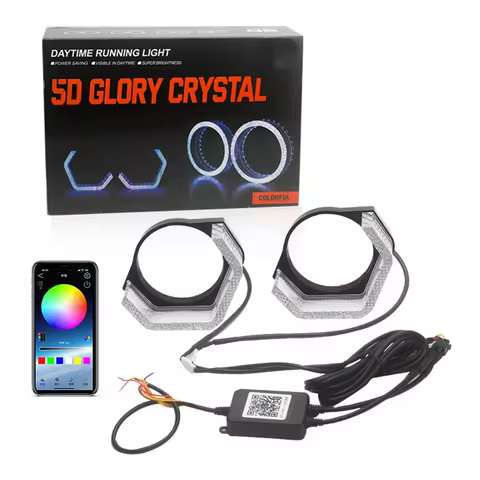 3 Inch 5D RGB LED Angel Eyes Halo Rings Rectangular DRL Covers With Turn Signal Light App Control Ha