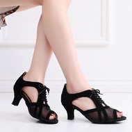 Elegant Women's Ball Party Latin Tango Belly Dance Jazz Mid Heel Open Toe Dance Shoes Breathable Mesh Lace Up Dance Shoes