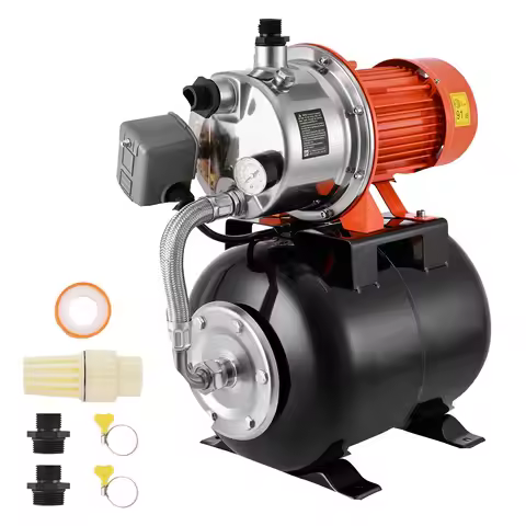SucceBuy 1HP/1.6 HP Shallow Well Pump with Pressure Tank 120V Stainless 5-Gal Tank 20/40 PSI Pressur
