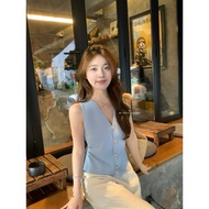 Luxqlo phong cách tiền cũ cổ chữ V áo cổ yếm nữ mùa hè dễ Áo sơ mi sát nách