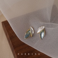 Fresh 925 Silver Needle Plated 14K Texture Small Leaf Earrings Female Green Earrings Earrings sag122