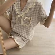 Korean Pajama for Women Summer Loungewear Sleepwear Sets Girls Sweet Plaid Lapel Pyjama Kawaii