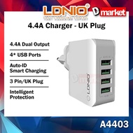 LDNIO A4403 4.4A Charger 4 USB Adaptor Auto ID Multi Ports USB Charger UK Wall Charger Wall Adapter 