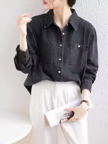 Black Thin Vintage Denim Shirts For Women 2024 Spring Streetwear Retro Long Sleeve Loose Jeans Tops 
