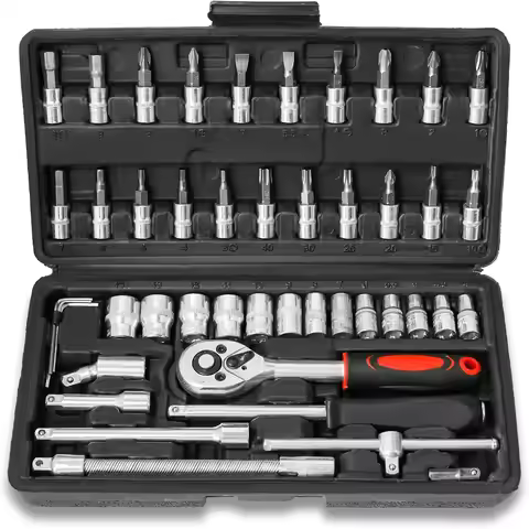 46Pcs 1/4” Drive Socket Set with Ratchet Wrench Hex Bit Socket Set Torx Bit Socket Set Extension Bar