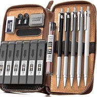 Nicpro Mechanical Pencils for Art Drawings Sketching Metal Case Lead Pencil with Leather Case, 5 Pie