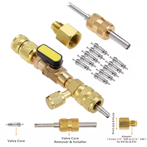Valve Core Remover Installer Kit with Dual Size 1/4" & 5/16" Port, Schrader Valve Tool for R22 R410a