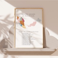 Colourful Malaysia map Poster with frame (Nursery series) in A3/A4 size