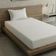 Home Sizzler 300TC Cotton White Satin Striped Elastic Fitted Double Bedsheet with 2 King Size Pillow
