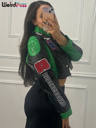 Weird Puss Hipster Crop Jacket Women Y2K Letter Print Hipster Uniform Street Patchwork Single-Breast