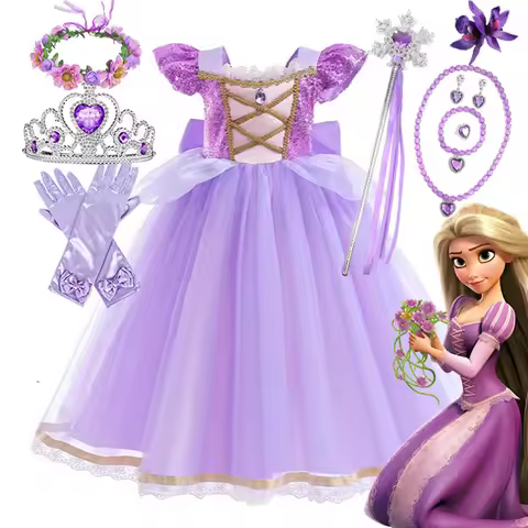 Disney Tangled Animation Movie Princess Rapunzel Costume Play Dress up Sequined Frock Puffy Fancy Bi
