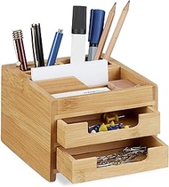 Relaxdays Bamboo Desk Organizer, Stationery Pen Holder, Office File Sorter with Drawer, HxWxD: 9.5 x