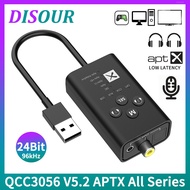 DISOUR Qualcomm QCC3056 USB Bluetooth 5.2เครื่องส่งสัญญาณเสียง24Bit AptX LL HD Adaptive SBC Codec 3.5มม. AUX Optical Fiber Coaxial Wireless Adapter 40Ms Latency ต่ำ Multi-Point รองรับการโทร Mic สำหรับทีวี PC PS4/5 Switch