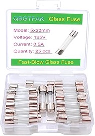 QBGTFAK 25 Pack F0.5AL125V 5x20 mm 0.5 A 125 V fuses 0.2x0.78 Inch 0.5A amp 125 Volt Fast-Blow Glass