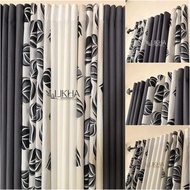 BRIGHT GROMMET TOP CURTAIN FOR WINDOW/ 3 In 1 Gray Leaves Ring Curtain 6Ft/ 3PCS CURTAIN FOR WINDOW