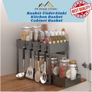 SW Kitchen Storage Kabinet Bakul Bawah Sinki Dapur Rak Sinki Organizer Basket Under Sink With Hooks Seasoning Rack
