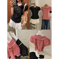 [Available] MIE96 x WGWE | Short-sleeved shirt with doll collar, tie at the waist – W9474