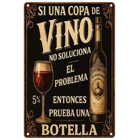 1pc 7.87x11.8 Inch 2D Flat Vintage Metal Wall Sign - Rustic Wine Bottle-Glass "Si Una Copa de Vino" 