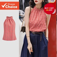 Casual Top Plaid Ruched Christmas Holiday Tank Top for Women L128ED333