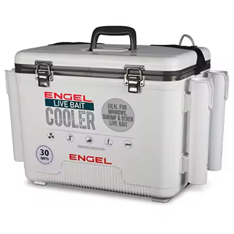 30qt Live Bait Cooler Box with 2nd Gen 2-Speed Portable Aerator Pump and 4 x Fishing Rod Holder Atta