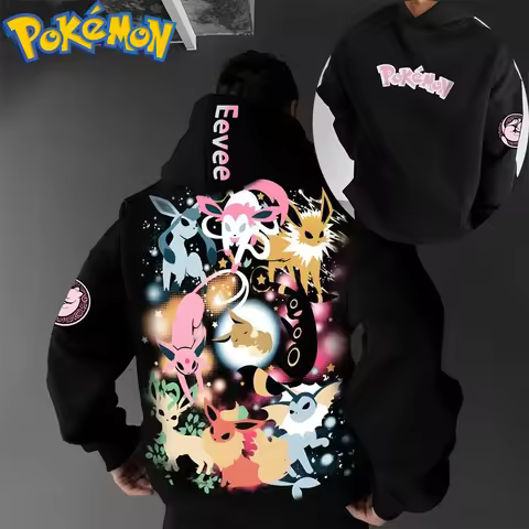 Pokemon Anime Eevee Evolutions Cotton Hoodie Harajuku Pants Set Black Multi Color Character Print Tw