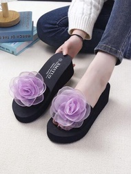 女士花卉設計楔形拖鞋,夏季沙灘穿著,厚底防滑,韓風