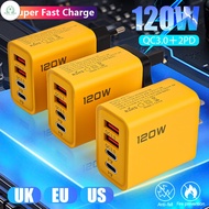 GD 4Ports 120W Dual PD USB Charger - Wall Adapter QC 3.0 Fast Charging - Travel EU/US/UK Plugs Conve