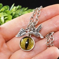 Clear Yellow Glass Cat Eye Evil Eye Silver Leaf Bird Protection Necklace Jewelry