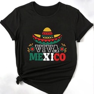 🥥 การออกแบบสร้างสรรค์ 🥥 เสื้อยืดคอกลม Viva Mexico ลายธงชาติเม็กซิโกสำหรับผู้หญิง