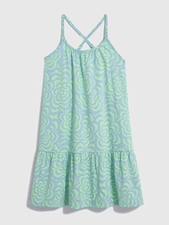 女童裝|輕薄純棉吊帶洋裝-綠色印花