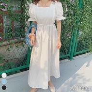【ACheter】 ins慵懶風復古韓版寬鬆純色方領喇叭五分袖長版棉麻連身裙洋裝# 116534 FREE 白色