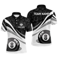 Black White Custom 8 Ball Pool Shirts For Billiard Player, Personalized Billiard Polo Shirt