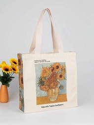 向日葵油畫藝術帆布托特包適合女士女孩可重複使用托特包可折疊大容量閒暇購物袋