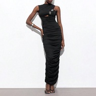 Đầm dài nữ xếp ly eo đen mùa xuân hè mới trang trí nút ốc xà cừ hiện đại thanh lịch lãng mạn thích h