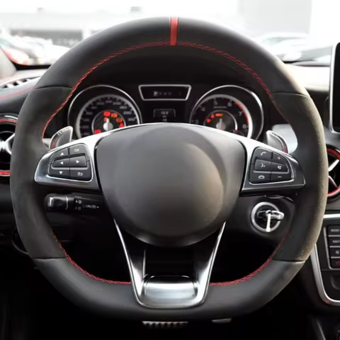 DIY Hand Sewing Black Suede Car Steering Wheel Cover For Mercedes-Benz A45 AMG W205 C43 C63S AMG CLA