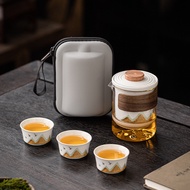 Wanli Jiangshan Anti-Scald Glass Travel Tea Set, Portable One Pot Three Cups, Outdoor Tea Drinking a