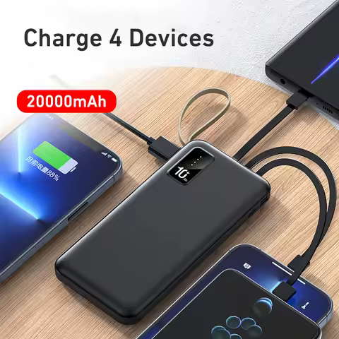 power Bank 20000mAh Fast Charging Battery Dual USB 4 Cables For iPhone Samsung Huawei Xiaomi
