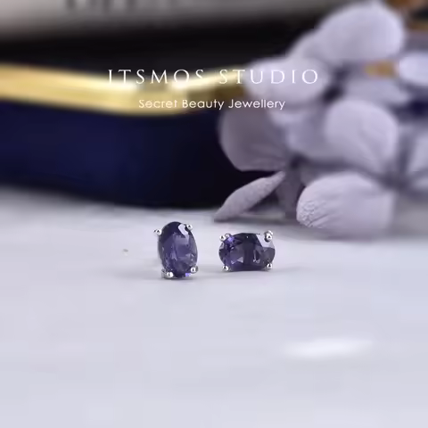 ITSMOS Iolite 6x4mm Natural Oval Shape Iolite Blue Gemstone White Gold Plated Stud Earrings Petite S