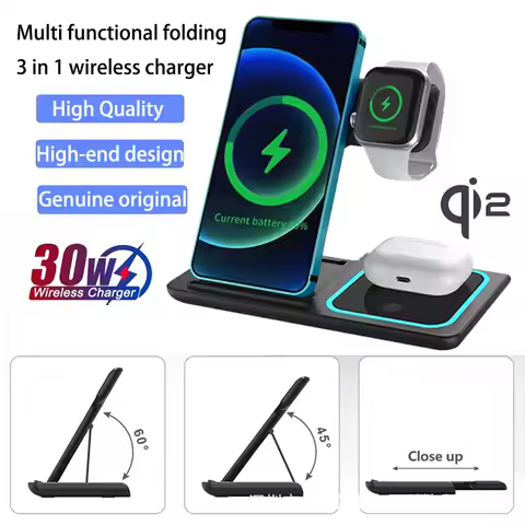 Qi2/Qi 3 in 1 30W Folding Wireless Charger Station for Samsung Iphone 17 16 15 12 Fast Charging for 