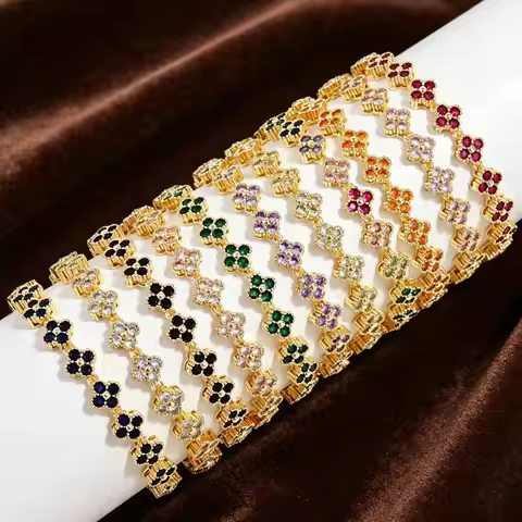 Colorful Zircon Lucky Four-Leaf Flower Bracelet for Women Flower CZ Stone Gold Plated Tennis Bracele