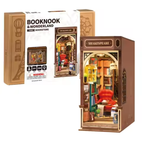 Robotime Rolife Bookstore Book Nook Bookend Model Kit with LED Light DIY Miniature House Kit for Boo