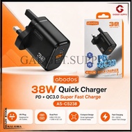 abodos 38W Quick Charger UK MY Plug | PD Type-C + QC3.0 USB-A Dual Port Fast Charging Adapter
