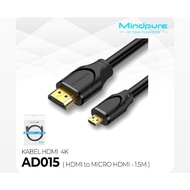 HDMI to Micro HDMI Connector Cable 1.5 meters long High Quality Full HD 4K Image Resolution - MINDPU