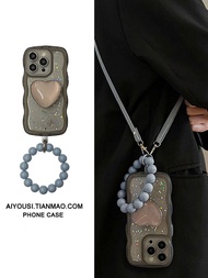 Light gray glass love bracket beads suitable for iphone14promax mobile phone case 13 apple 12pro simple 11 creative xsmax crossbody rope 13promax soft silicone 78plusr 【SEY】