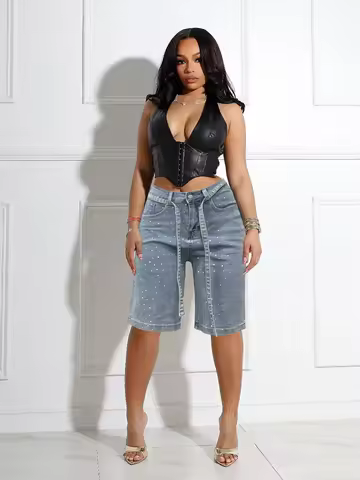 Women Denim Pants Summer Fashion Diamonds Elasticity Denim Shorts with Belt Streetwear Casual Lady B