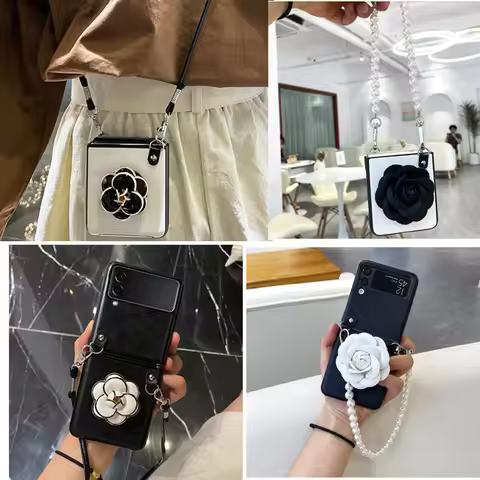 Luxury Fashion Cute Flower Stand Pearl Crossbody Chain Leather Case For Samsung Galaxy Z Flip6 Z Fli